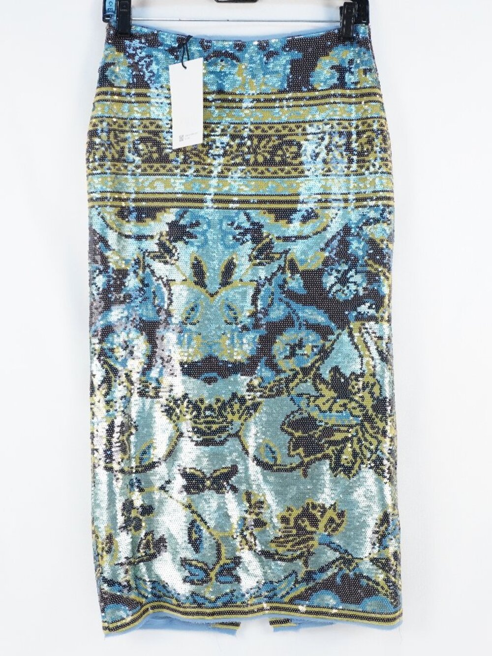 Zara ZW Collection Sequin Floral Midi Skirt In Blue/Green Women's Size XS - NWT